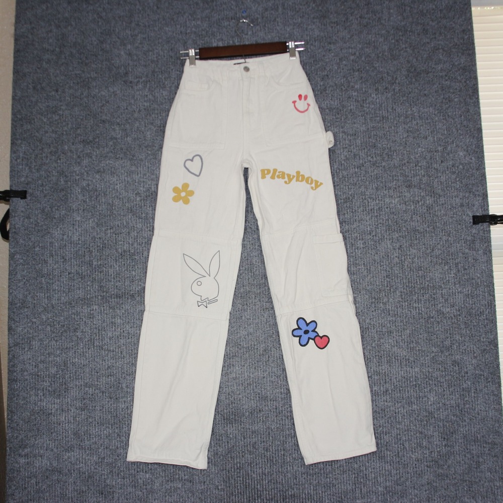 Playboy White Denim Carpenter Jeans‎ Smiley Face Heart Flower Patches Women 23